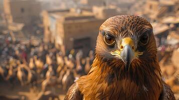 Highlight hustle and bustle of the Pushkar Camel Fair in India through the keen eyes of an eagle observing the sprawling desert gathering of camels traders and visitors from a bird'seye view photo