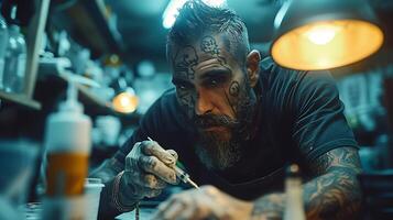 Highlight precision of a tattoo artist at work in a dimly lit studio with the needle tracing intricate designs on skin using low light techniques photo