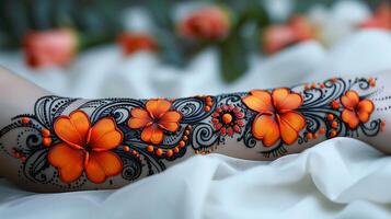 Mehendi design on a white paper with a mix of floral and paisley patterns detailed for armlength coverage Ensure clarity and precision on a white background for easy printing and application photo