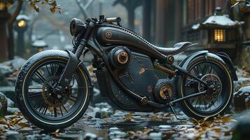 Bike distant future where traditional pedal replaced neural interface technology allowing rider traverse landscape effortlessly mere thought frame constructed selfrepairing nanomaterials capable of photo