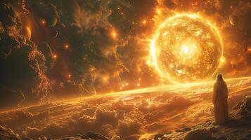 Cosmic ballet of celestial body where planet moon asteroid orbit distant star their movement choreographed against backdrop of colorful nebula space station orbiting one of moon serving hub photo