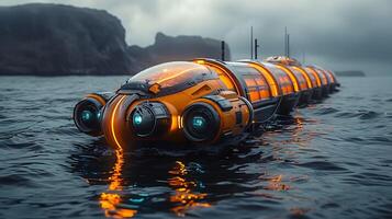 Autonomous submarine drone equipped artificial intelligence underwater exploration research modular design allows customizable payload ranging deepsea sensor underwater habitat deployment system photo