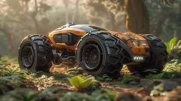 Tractor civilization thriving millennium ahead boasting autonomous farming capability powered fusion reactor equipped soil analysis sensor optimized planting design seamlessly integrates nature photo