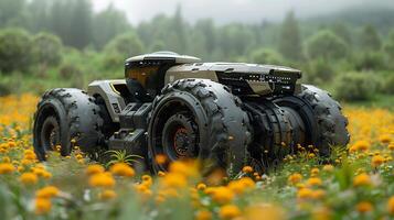 Tractor civilization thriving millennium ahead boasting autonomous farming capability powered fusion reactor equipped soil analysis sensor optimized planting design seamlessly integrates nature photo