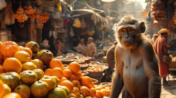 Produce captivating image of a vibrant market scene within the great ape civilization utilizing advanced high dynamic range HDR techniques to accentuate the colors of ripe fruits and lush foliage photo