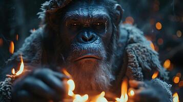 Produce dramatic portrait of great ape shaman during mystical ritual using lowlight photography techniques enhance ambiance of the scene and capture the flickering torchlight illuminating the forest photo