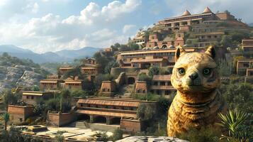 Produce hyperrealistic CGI rendering of Inca huaca using architectural visualization software recreating ancient shrine with accurate proportions and intricate details based on archaeological research photo