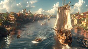 Produce hyperrealistic rendering of the port city of Callao using advanced computer graphics techniques recreating the bustling maritime trade hub with historical accuracy and immersive detail photo
