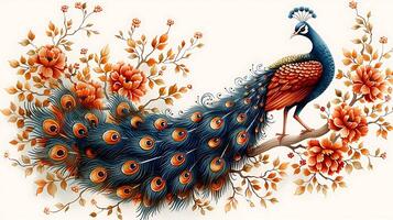 Produce mehendi design that blends peacock motifs with fine dot work perfect for shoulder application Ensure it's on a white background for easy print and application photo