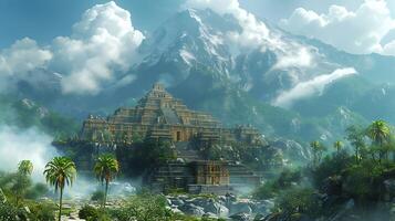 Produce photorealistic 3D reconstruction of an Inca palace using architectural rendering software recreating the intricate details and textures of the ancient structure with historical accuracy photo