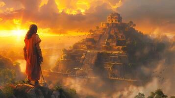 Produce stunning image capturing the golden hour sunlight casting a warm glow over the ruins of an ancient Inca temple with intricate details illuminated by advanced HDR techniques photo