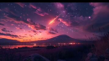 Showcase cosmic wonder of a meteorite streaking through the deep purple twilight sky above the lavender fields of Hokkaido Japan with hints of indigo and magenta adding depth to the celestial display photo