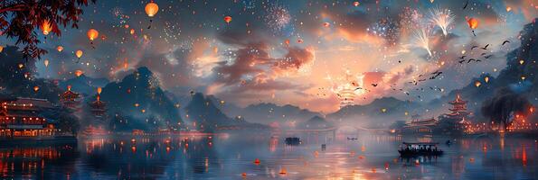Showcase intricate patterns of lanterns and fireworks at the Pingxi Sky Lantern Festival in Taiwan as witnessed from the sharpeyed view of an eagle gliding gracefully above the glowing landscape photo