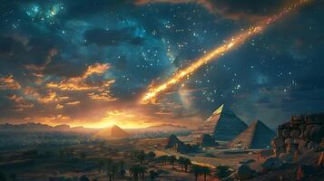 Showcase mystique of a meteorite piercing the starstudded night sky above the Egyptian pyramids with deep hues of blue and gold adding an air of ancient wonder to the cosmic event photo