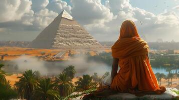 Sneferu Create natural casual image portraying Sneferu the prolific builder in a moment of reflection or leisure amid the grandeur of his pyramid construction projects photo
