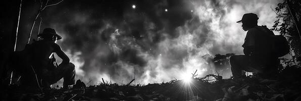 Utilize infrared photography document a Yanomami tribe in the Amazon rainforest during a nocturnal hunting scene capturing the heat signatures of both the hunters and their prey in the darkness photo