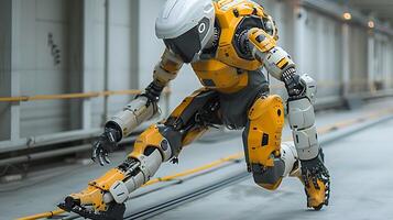 Exoskeleton suit enhancing human strength agility through advanced robotics neural control interface lightweight yet durable construction allows wearer effortlessly traverse diverse terrain while photo