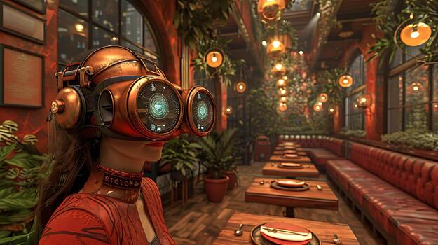 Virtual Reality Caf Concept AI Image Design AIgenerated image presenting virtual reality caf concept Incorporate cozy seating arrangement interactive menu display virtual entertainment option photo