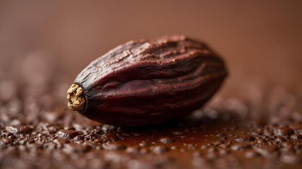 Macro Shot of a Glistening Cocoa Bean on a Bed of Cocoa Nibs photo