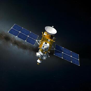 A satellite with solar panels orbiting photo