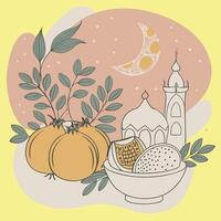 Islamic ramadan greeting card with pomegranate, mosque and moon vector