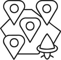 A black and white outline of a map with pins vector
