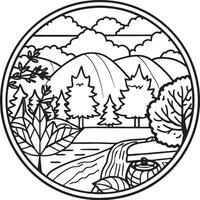 A coloring page with a mountain scene vector