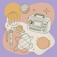 A drawing of an old radio, a globe, a pencil, a globe, a globe, vector