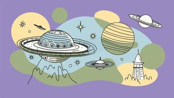 An illustration of a space ship and planets vector