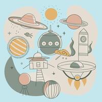 Cartoon space station with planets, rockets and other objects vector