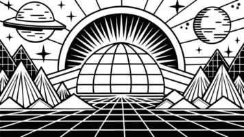 A black and white drawing of a futuristic space station vector
