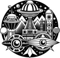 An illustration of a spaceship and other objects vector