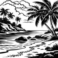 Tropical beach with palm trees and rocks vector