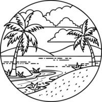 A black and white drawing of palm trees and a beach vector