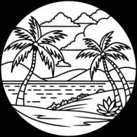 Palm trees and the ocean in a circle coloring page vector