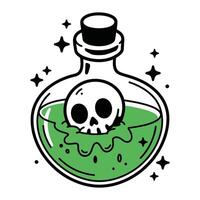 Skull floating in a green potion bottle in cartoon style vector