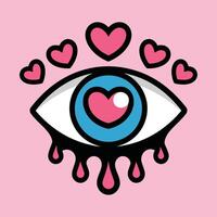 Heart eye with dripping tears and love symbols cartoon illustration vector