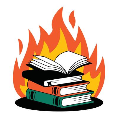 Burning books stack on fire flame illustration