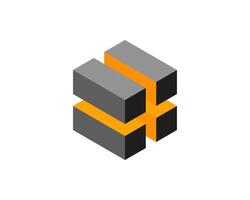 Cube logo, geometric design. Box logotype company, trendy tech emblem in pixel style. vector