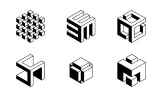 Black and white Cube logo, geometric design. Set box logotype company, trendy techno emblem in isometric 3D style. vector
