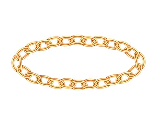 Realistic gold circle frame chain texture. Golden round chains link isolated on white background. Jewelry chainlet three dimensional design element.