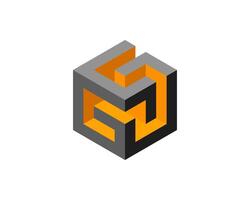 Cube logo, geometric design. Box logotype company, trendy tech emblem in pixel style. vector