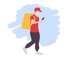 A man courier in a mask walking with a bag and a phone in his hand makes a delivery during the quarantine period. Flat illustration. vector