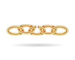 Realistic gold broken chain texture. Yellow color demage chains link isolated on white background. Three dimensional design element. vector