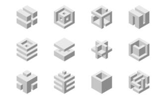 Cube logo, geometric design. Box logotype company, trendy tech emblem in pixel style. vector