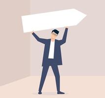 A young man holds a tablet with the direction of movement. Template for text. illustration vector