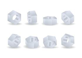 Realistic nut in various angles . Nuts top view, side view, half turn. vector