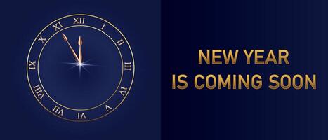 Elegant New Year countdown card with golden clock design and festive message for welcoming 2025 in luxurious style vector