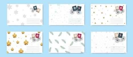 Elegant New Year envelope set with minimal designs featuring snowflakes, ornaments, stars, and pine branches for festive holiday greetings vector