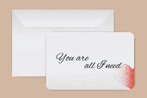 Romantic card with You are all I need message and heart illustration on a minimal white background with envelope vector